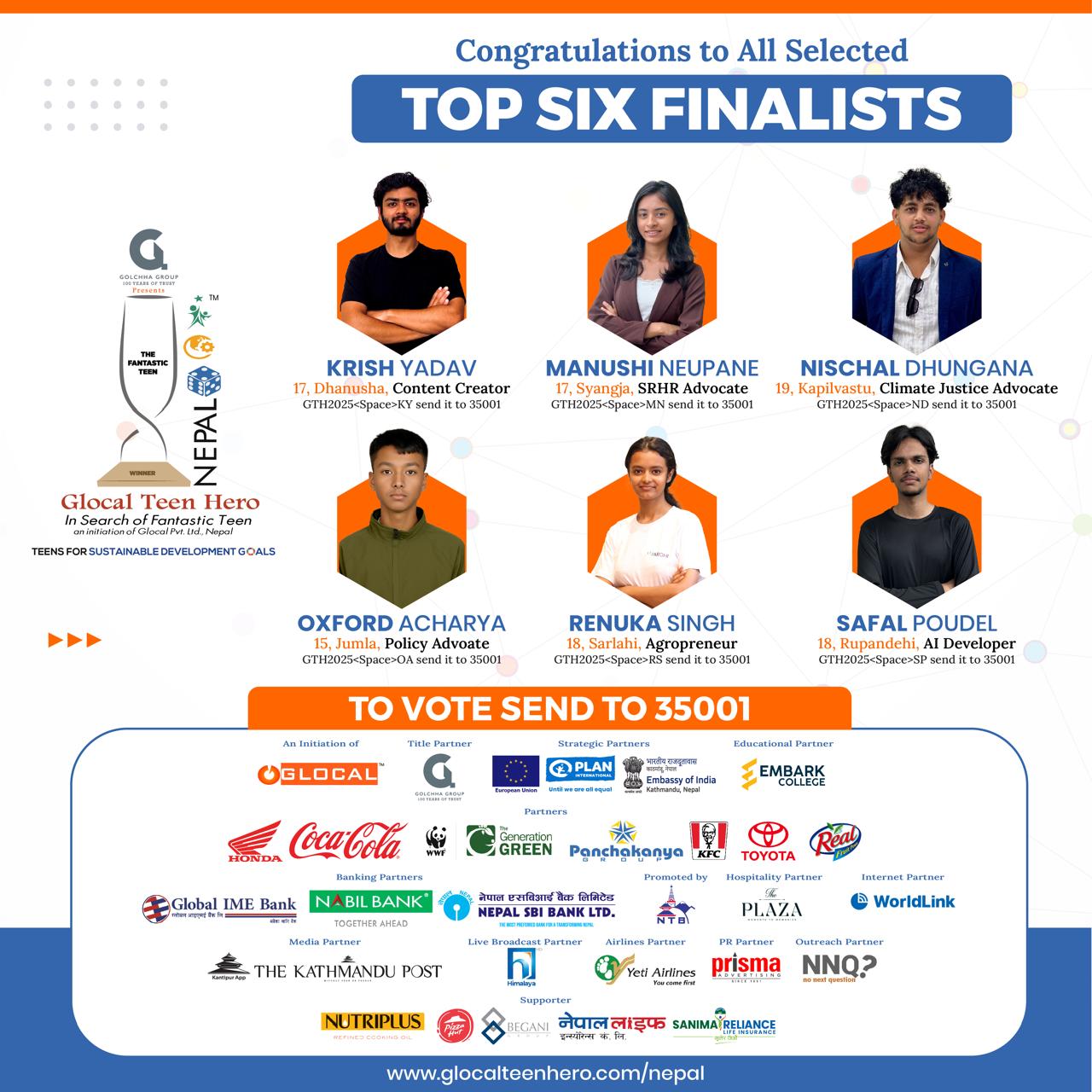 ग्लोकल टीन हिरो नेपाल २०२५ का शीर्ष ६ फाइनलिस्ट घोषणा
