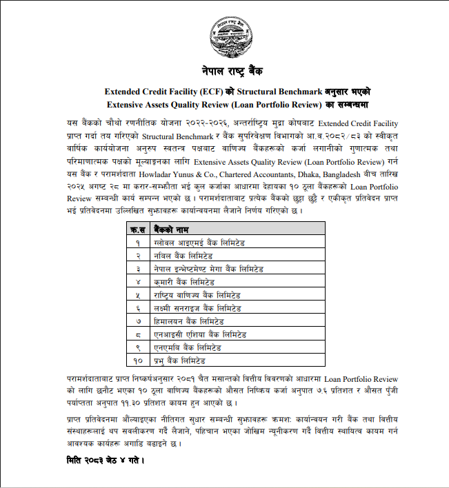 वाणिज्य बैंकको सम्पत्ति गुणस्तर परीक्षण प्रतिवेदन सार्वजनिक: निष्क्रिय कर्जा ७.६ प्रतिशत, पुँजी पर्याप्तता सन्तोषजनक